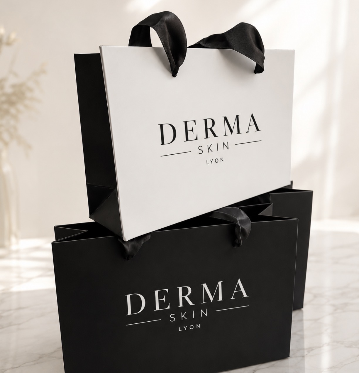 Sacs DERMA SKIN LYON, l'un blanc et l'autre noir, avec poignées en ruban, posés sur du marbre clair