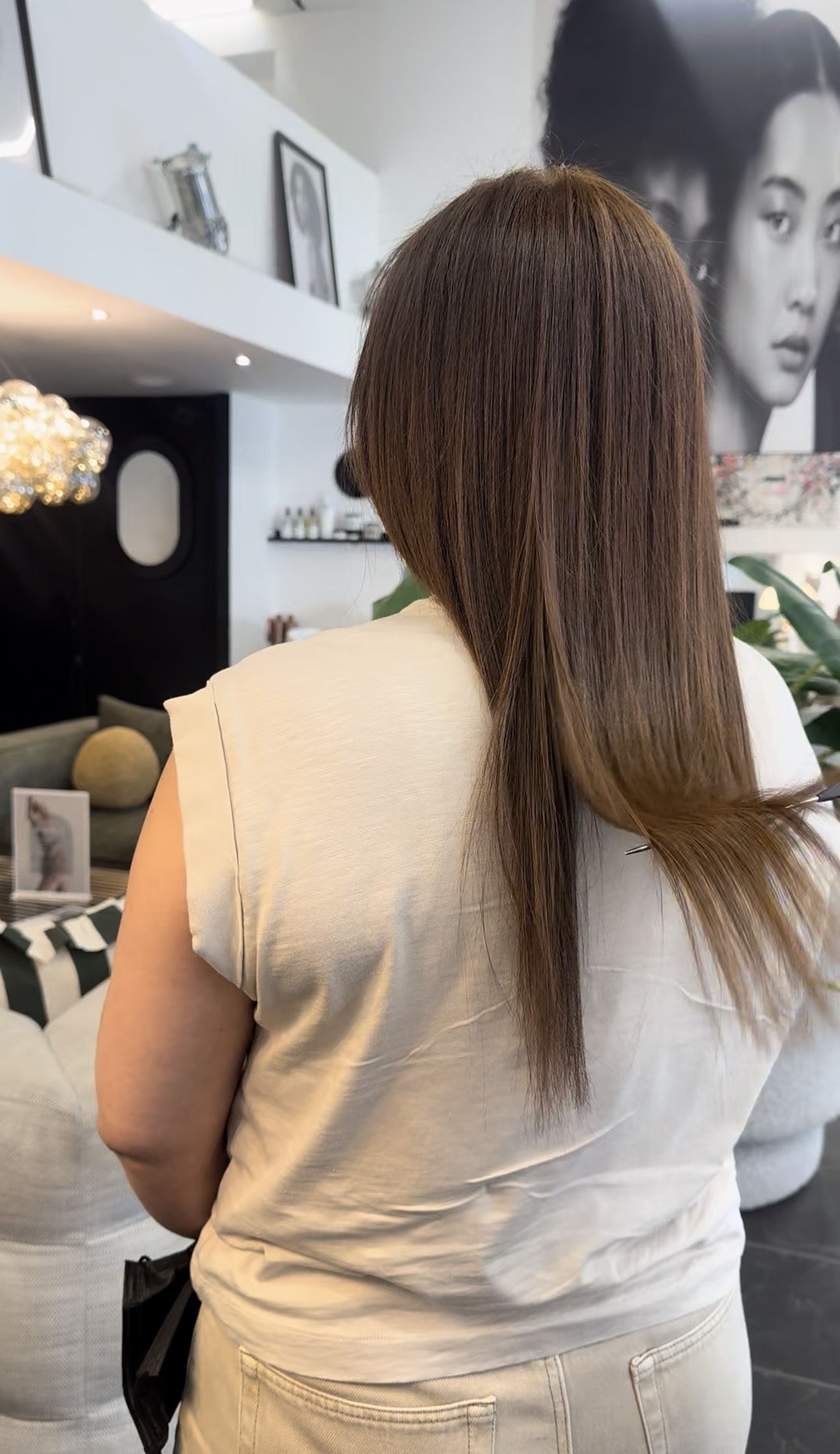 Cheveux lissés et brillants vus de dos, résultat d'un lissage au salon